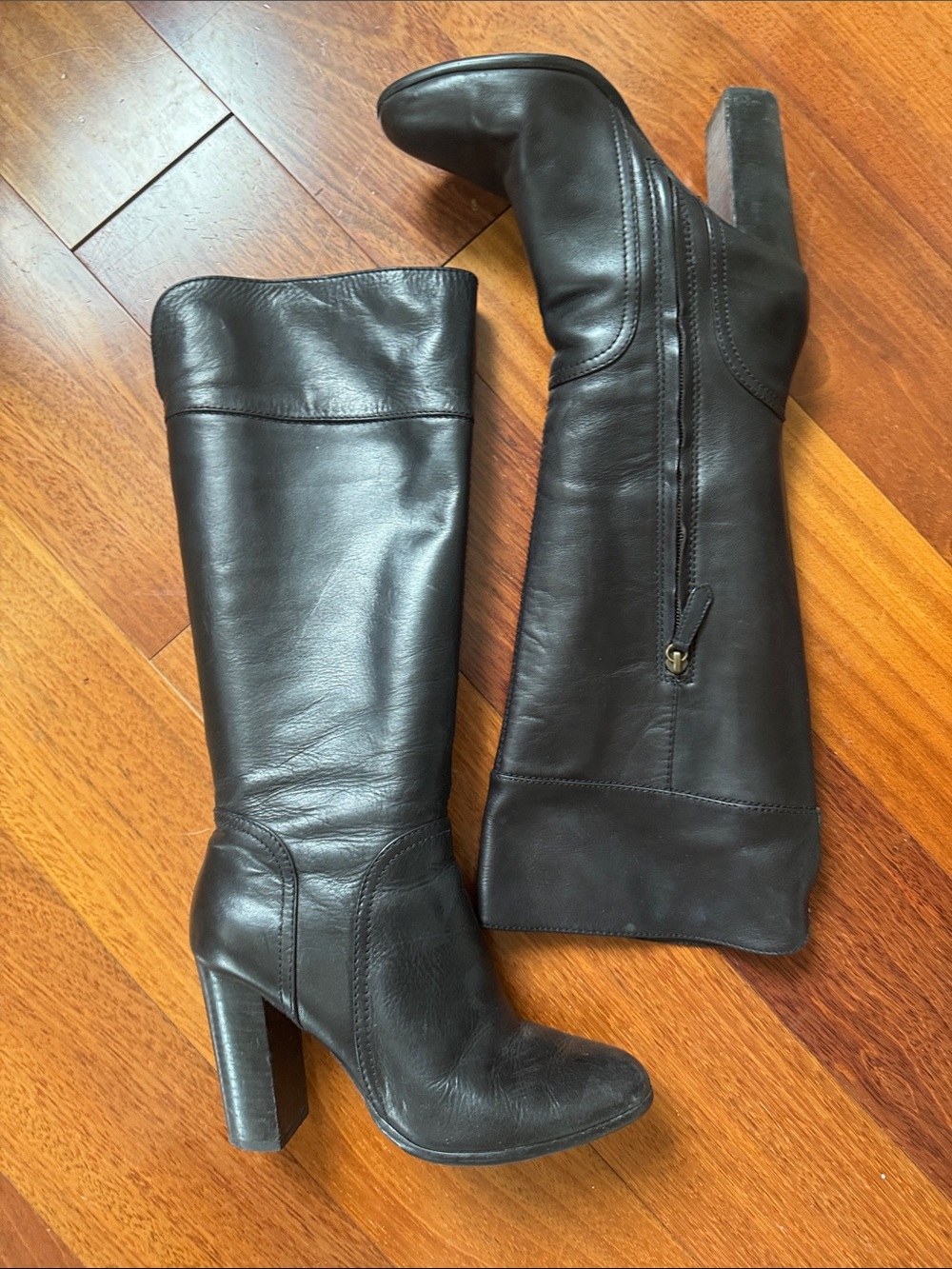 Halogen Black Leather Knee-High Block-Heel Boots